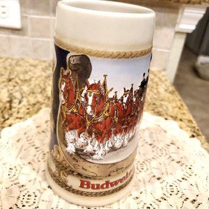 Budweiser Horseshoe Clydesdales Beer Stein Mug Staffel Stoneware W. Germany 7"